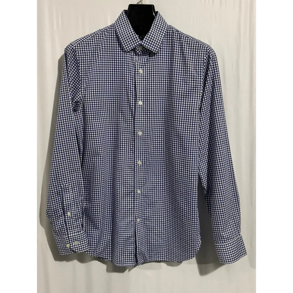 Banana Republic Mens Non-Iron Cotton Stretch Gingham Dress Shirt Navy Blue S